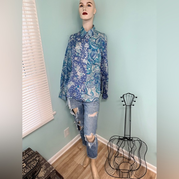 💫STUNNING Vintage 90s Y2K Blue Floral Paisley Silk Long Sleeve Button Down Shirt - Picture 10 of 10